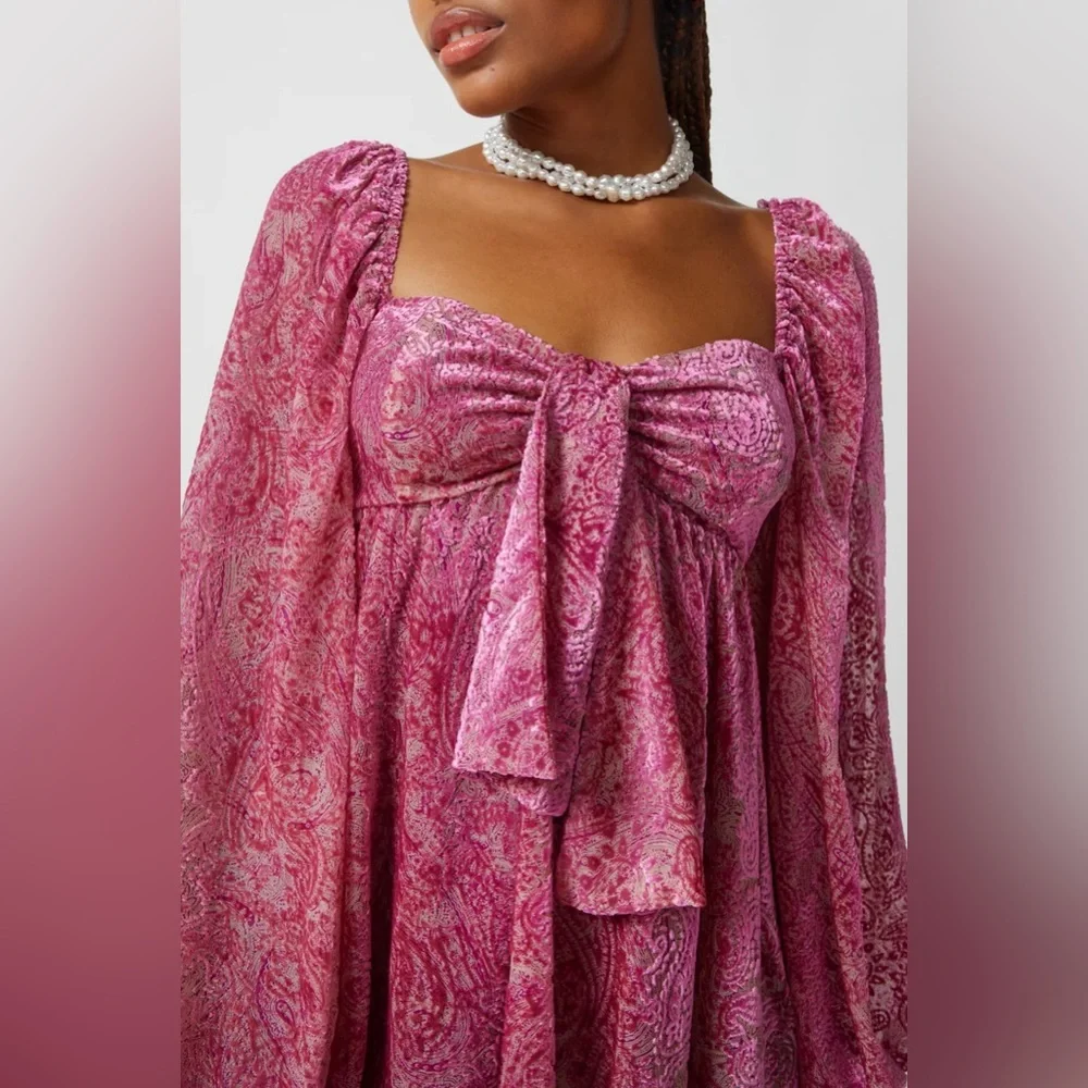 NWT For Love & Lemons Pink Paisley Tie-Front Mini Dress - Picture 4 of 10